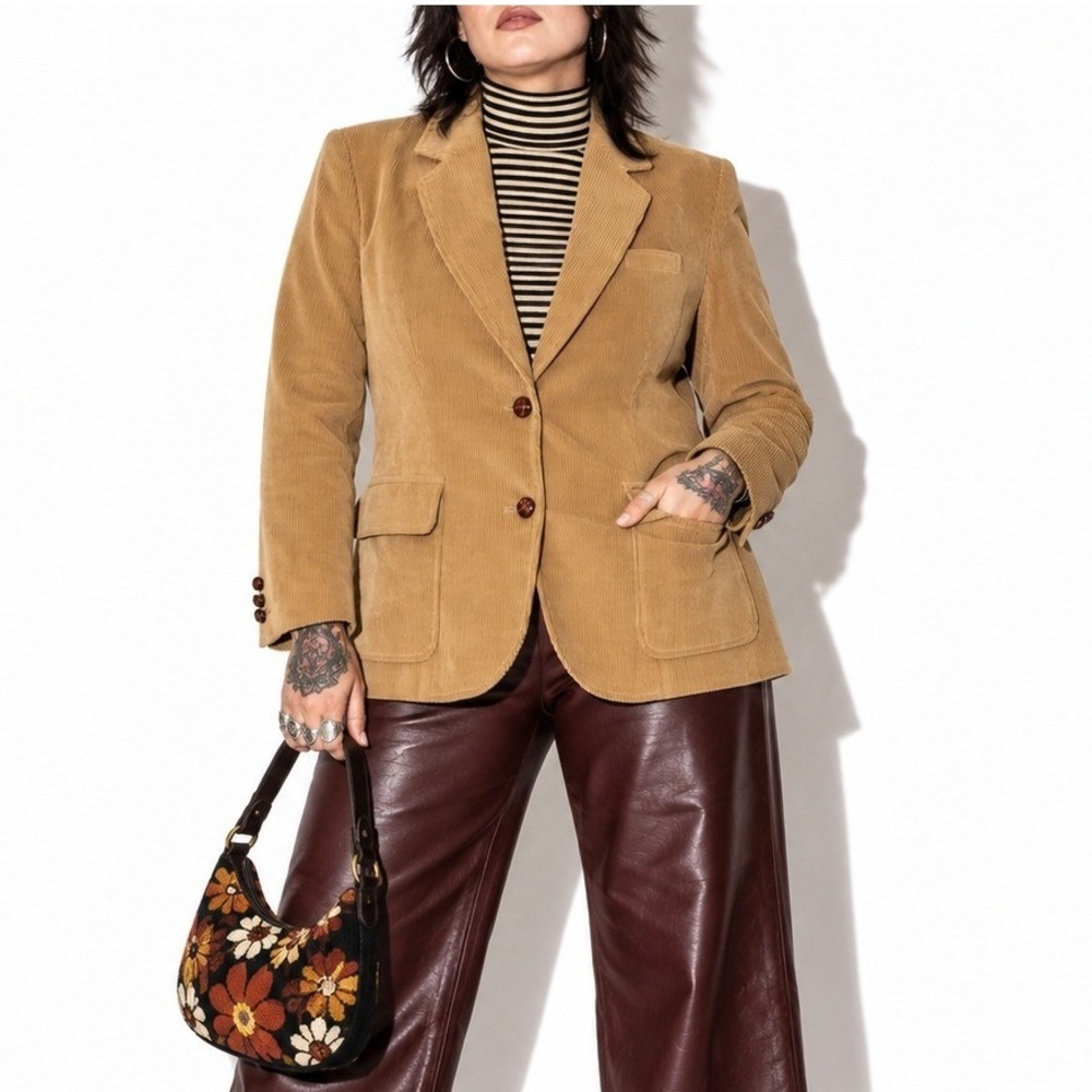 70s Vintage Tan Corduroy Blazer Womens 14 2 Button Office Jacket Professor Mod